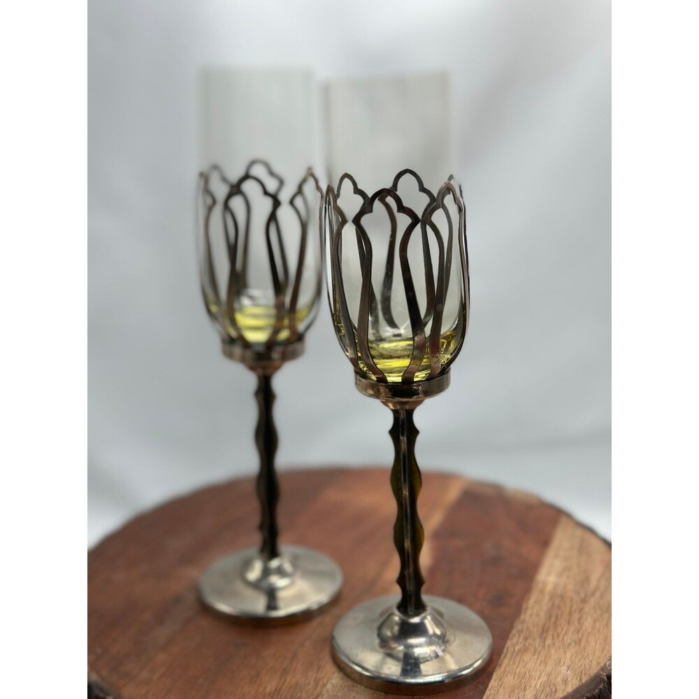 Vintage MCM Set Of 2 Art Noveau Hollywood Silver Caged Champagne Glasses